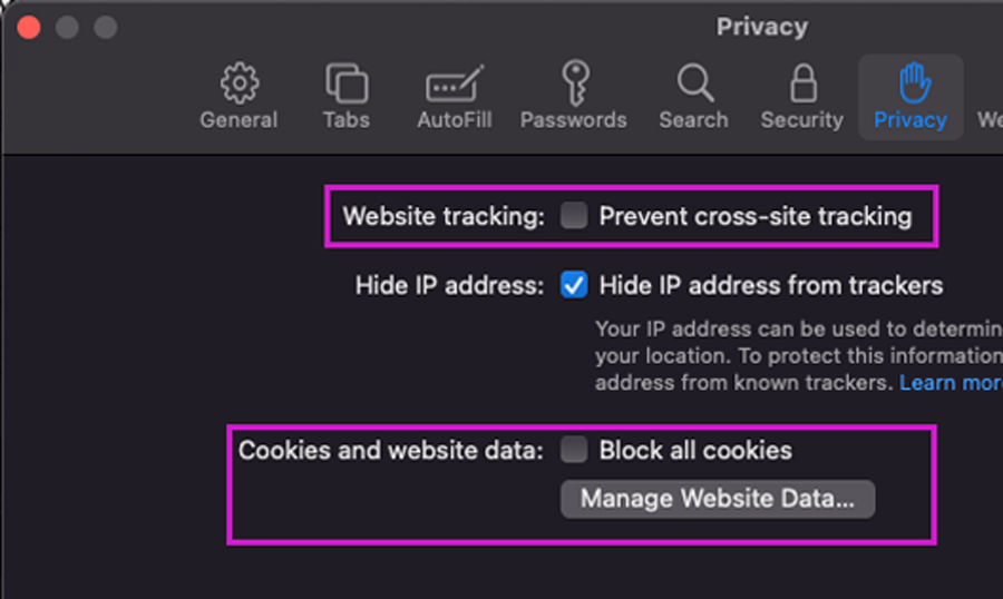 Image of iOS Safari App, prevent cross-site tracking form item