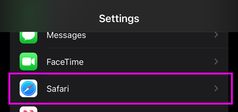 Image of iOS Settings App, Safari outlined to highlight