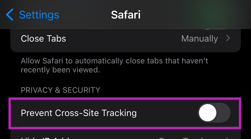 Image of iOS Safari App, prevent cross-site tracking form item